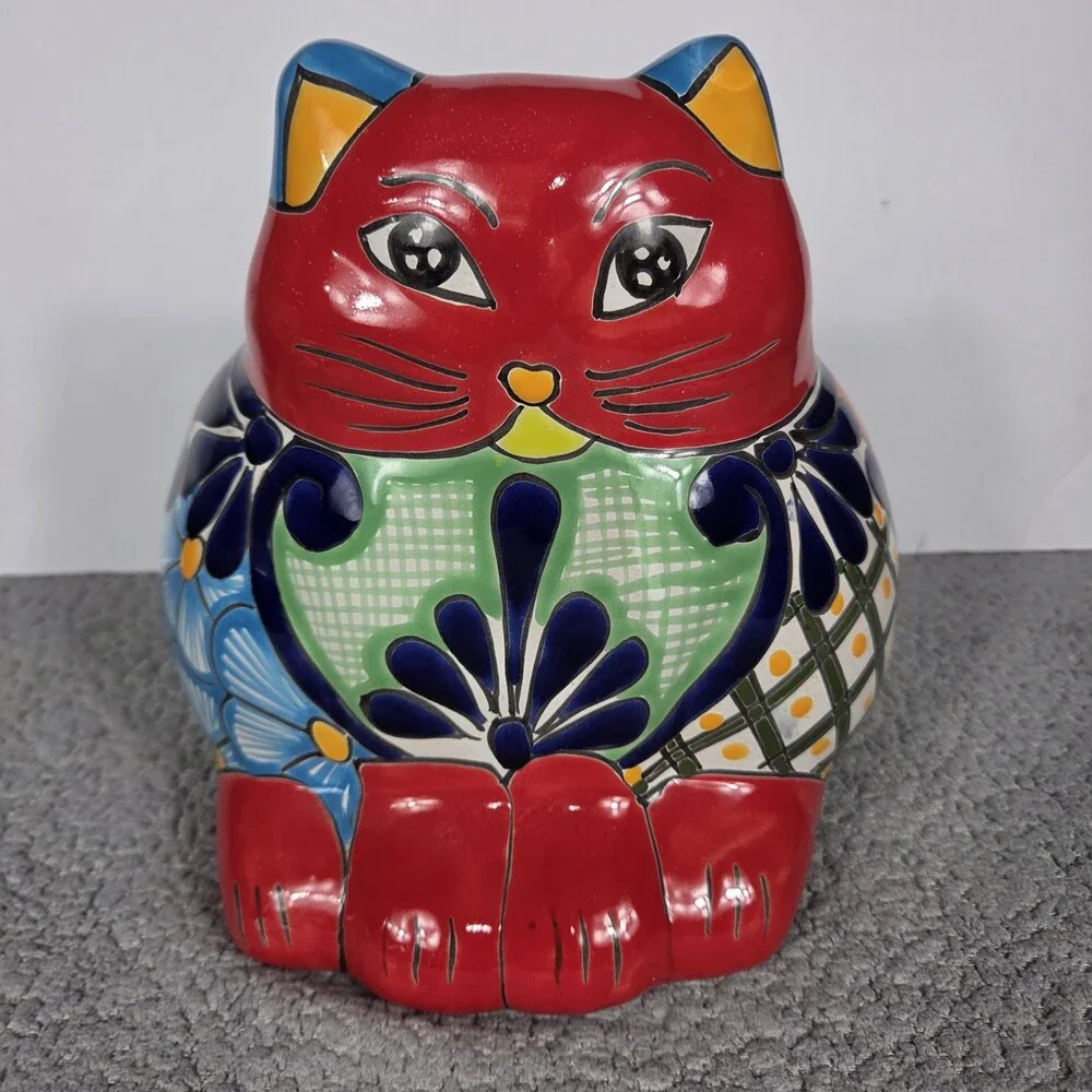 Talavera Cat PlanterMexican Pottery Art Hand Painted Pot 8.5